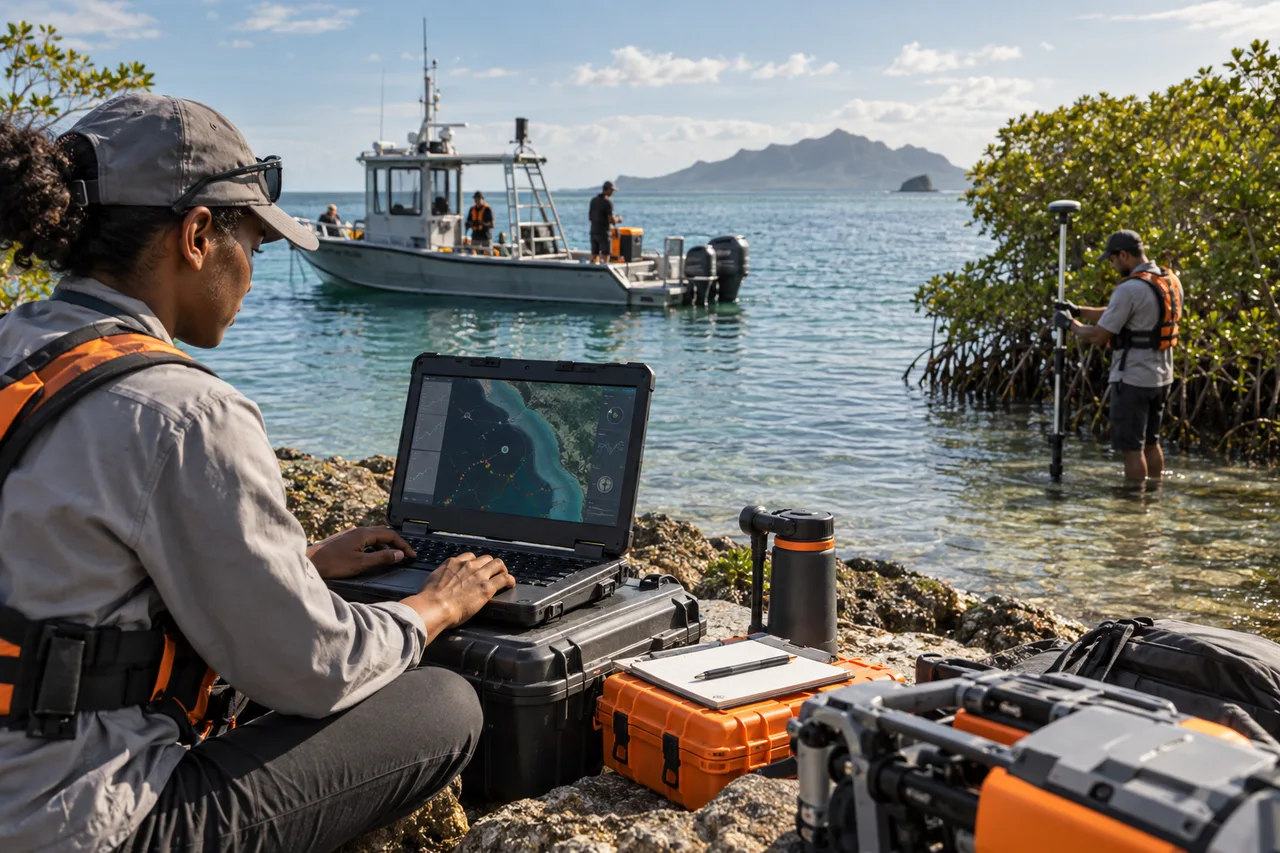 Maritime and mangrove conservation field team using digital mapping equipment