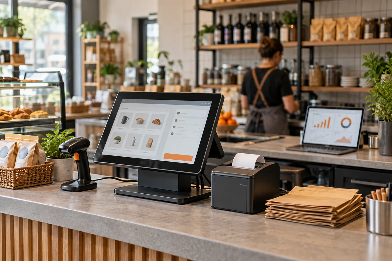 Modern point-of-sale counter with touchscreen, scanner, printer and management dashboard