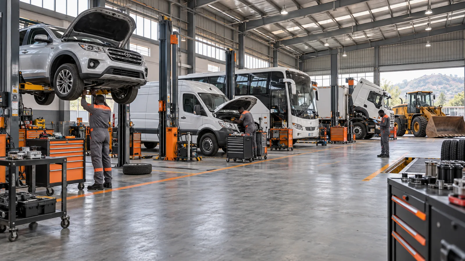 Workshop maintaining cars, vans, buses, trucks and heavy plant equipment